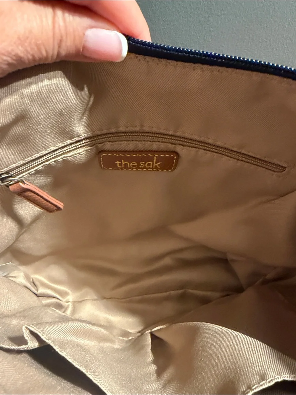 The Sak Navy Nylon Crossbody with Tan Strap
